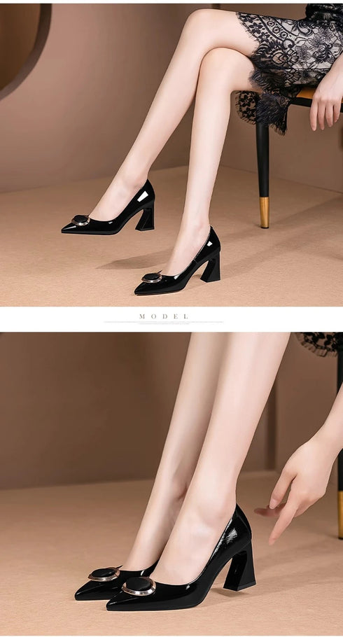 Elegant Pointed Toe Mary Janes with Patent Leather Buckle and Comfortable Middle Heel for Women